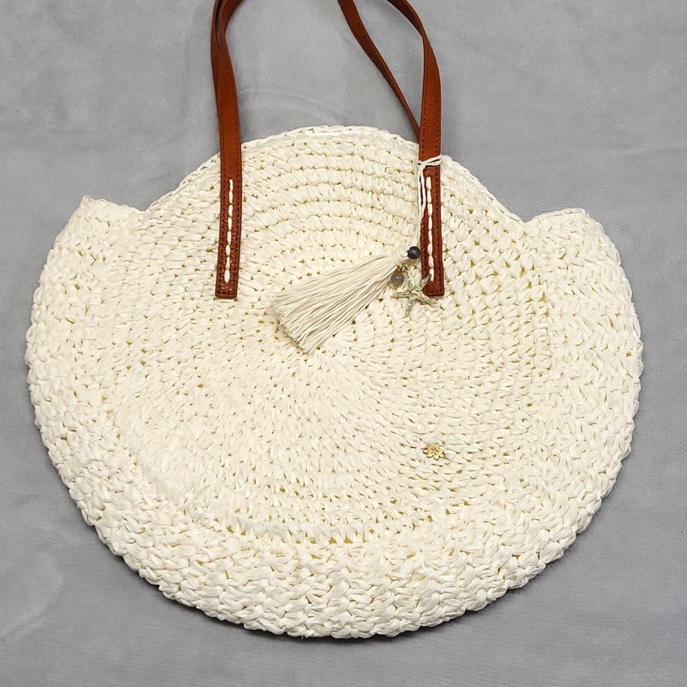 Cream and Tan Woven Tote Bag with Leather Handles